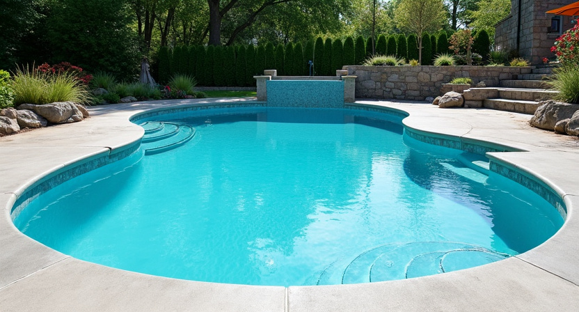 Piscine béton rénovée, liner gris perle